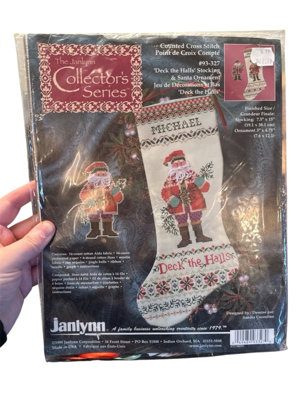 1999 Janlynn 'Deck the Halls' Stocking & Santa Ornament Cross Stitch Kit #93-327